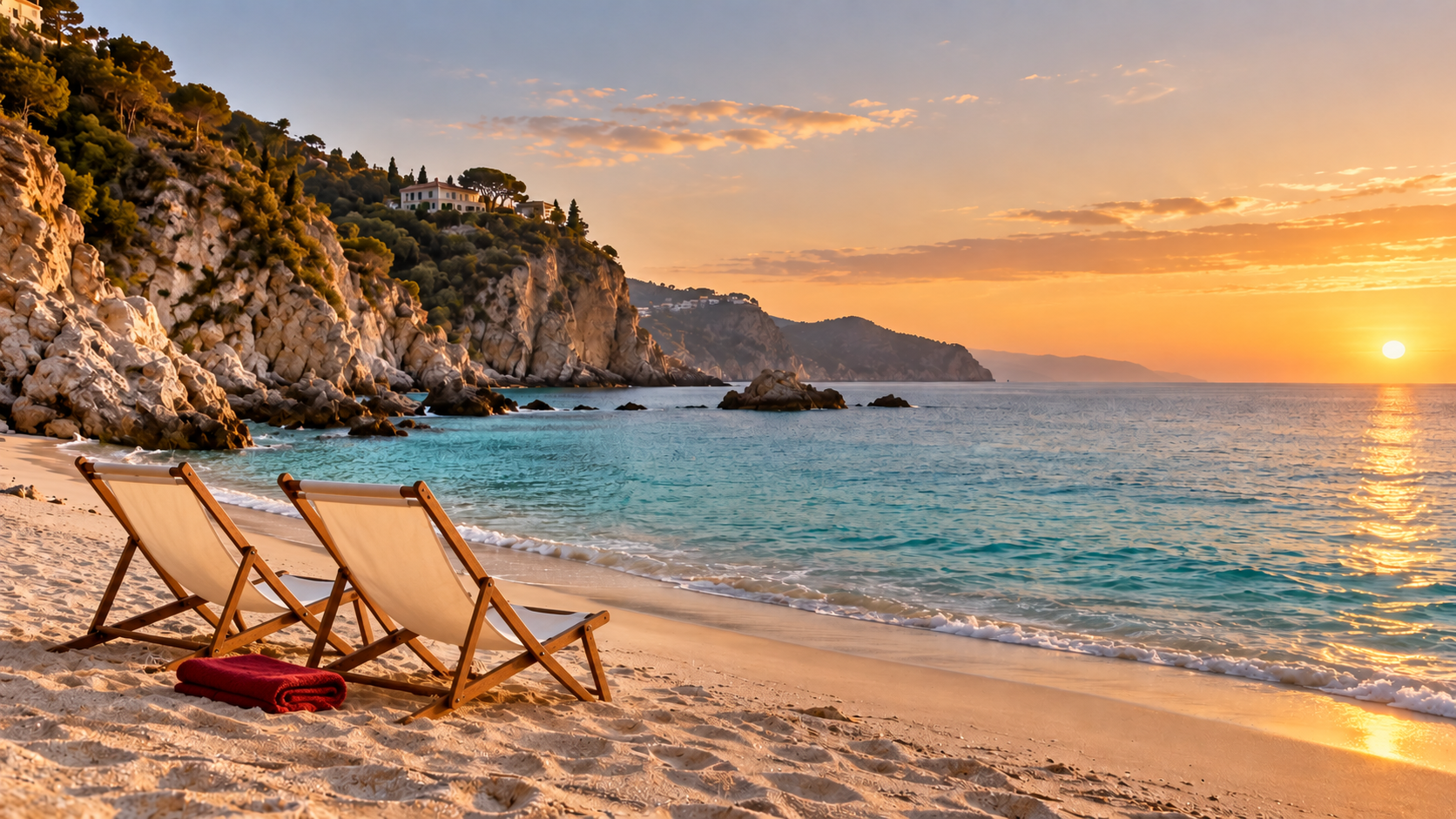 Deck chairs facing the crystal-clear sea on a Calabrian beach