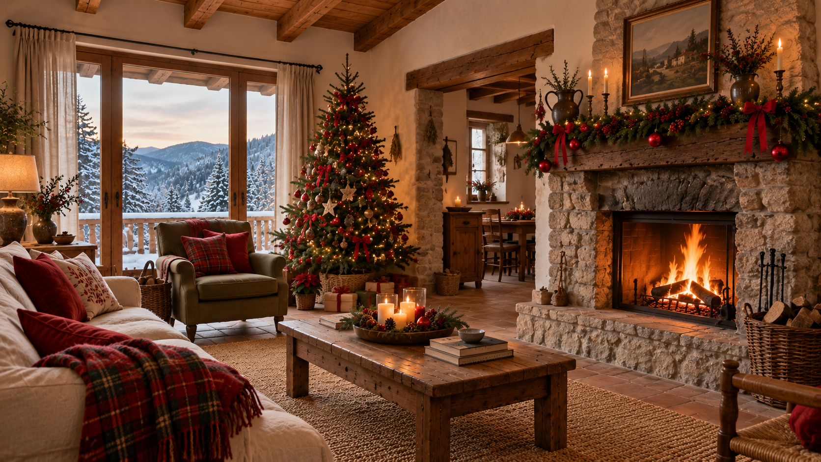 Christmas fireplace in a warm Sila mountain home